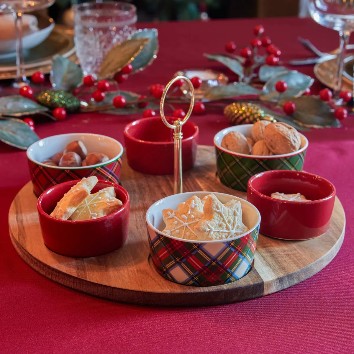 Tapas-Set 6 Schalen und Tablett (D20 cm) Rot-Grünes Tartan - Weihnachtstisch