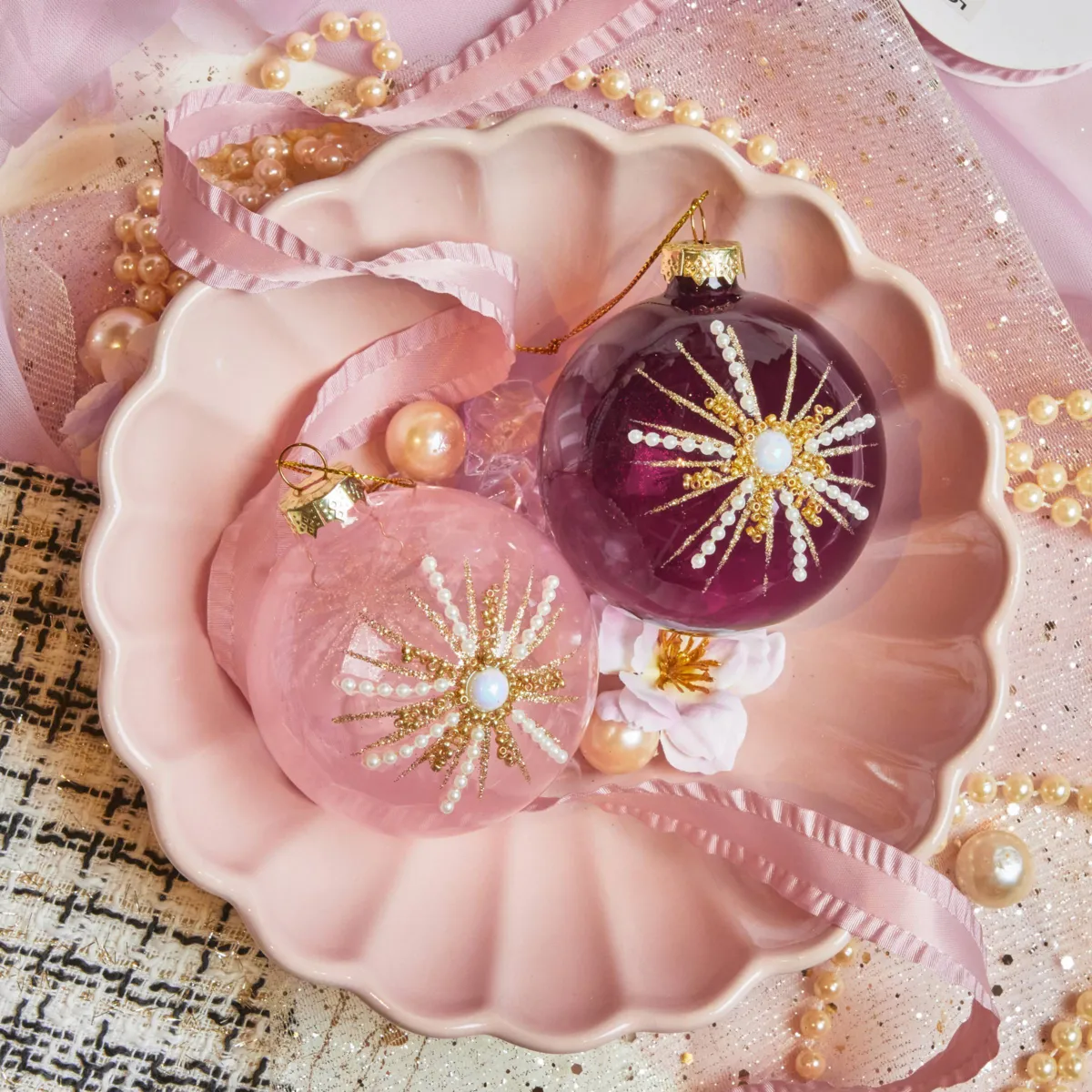 Set di 12 palline di natale in vetro (D80 mm) Perle Pop Rosa