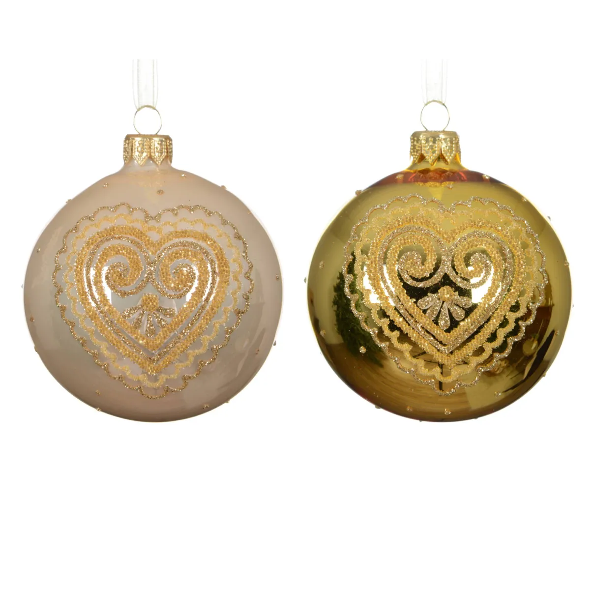 Lot de 6 boules de Noël en verre (D80 mm) Coeur d'amour Or et perle