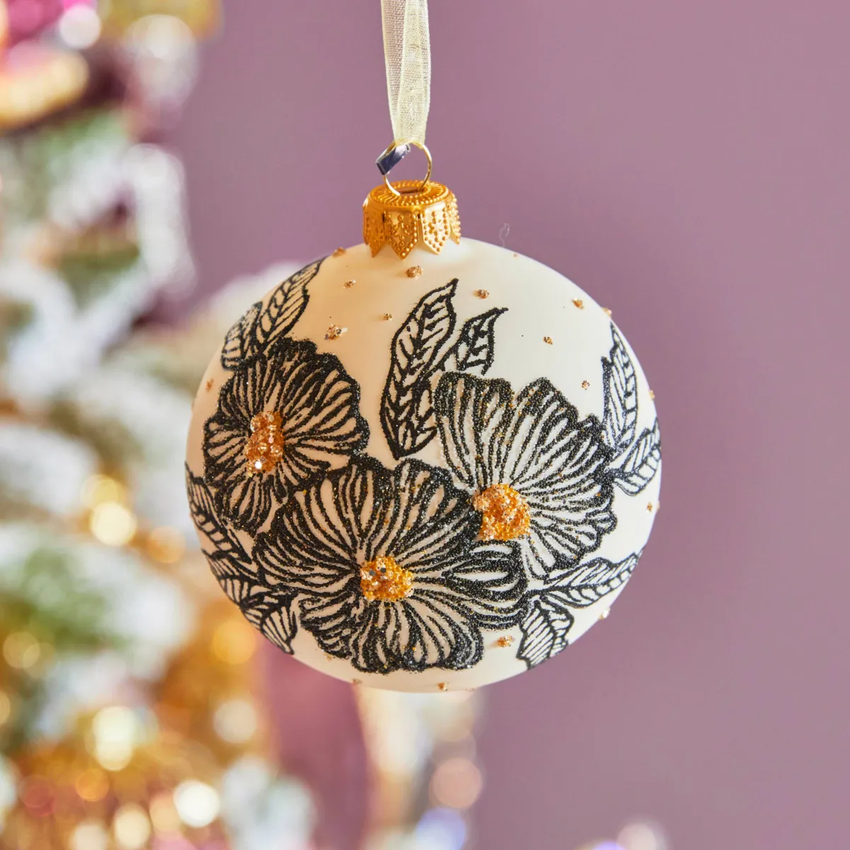 Set di 6 palline di natale in vetro (D80 mm) Arabesco Fiorito Nero e bianco lana