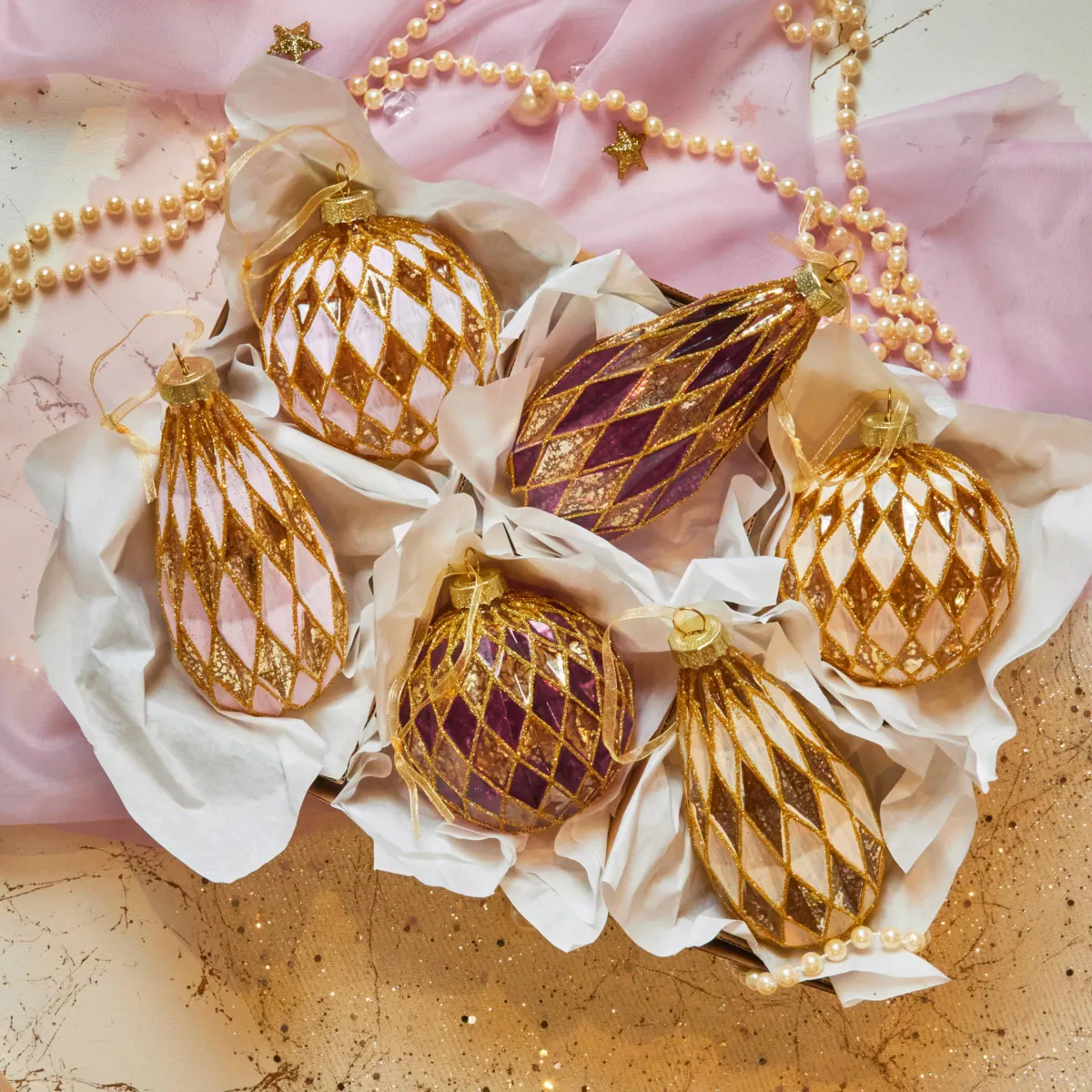 Set di 12 palline di natale in vetro (D80 mm) Gioielleria Rosa e perla