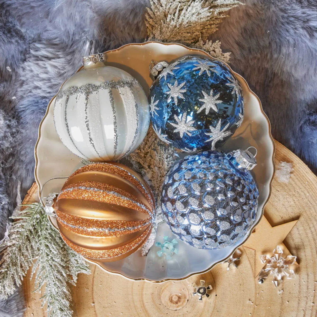 Set di 12 palline di natale in vetro (D80 mm) Majesty Blu notte, bianco e caramello