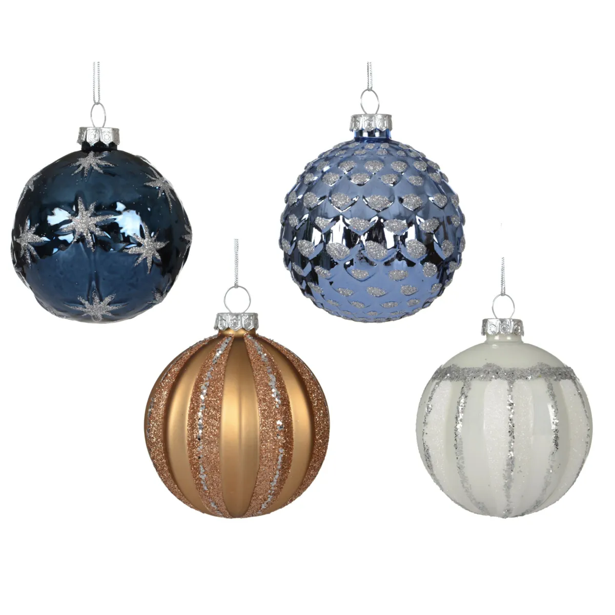 Set di 12 palline di natale in vetro (D80 mm) Majesty Blu notte, bianco e caramello