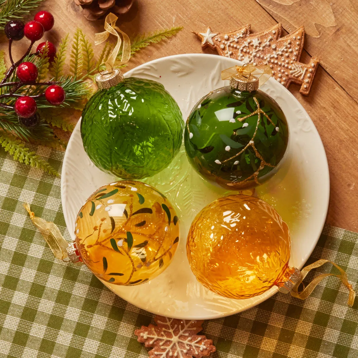 Set di 12 palline di Natale in vetro (80 mm) Skellig trasparente Verde e rame