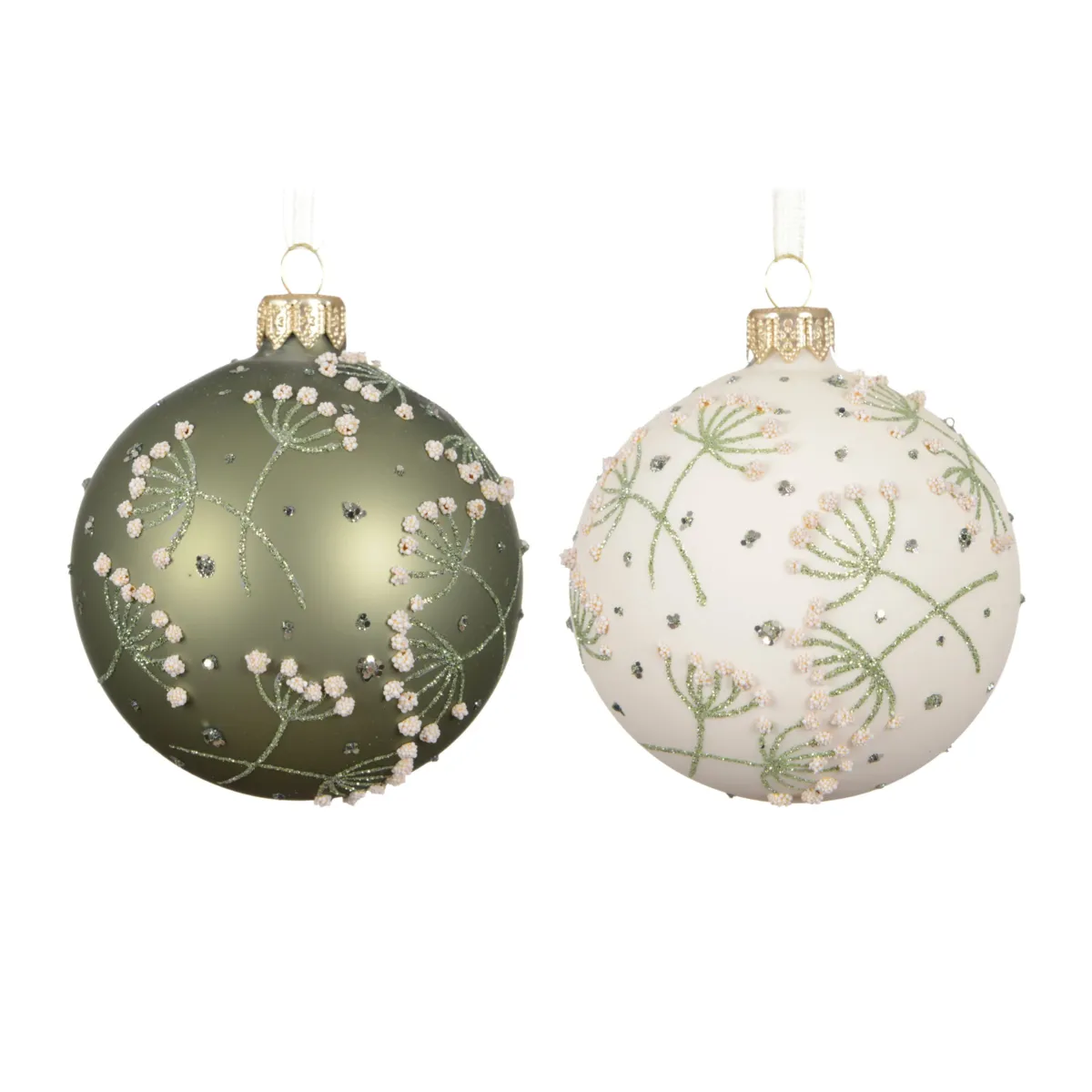 Set di 6 palline di natale in vetro (D80 mm) Fiori del Caucaso Rosmarino e bianco lana