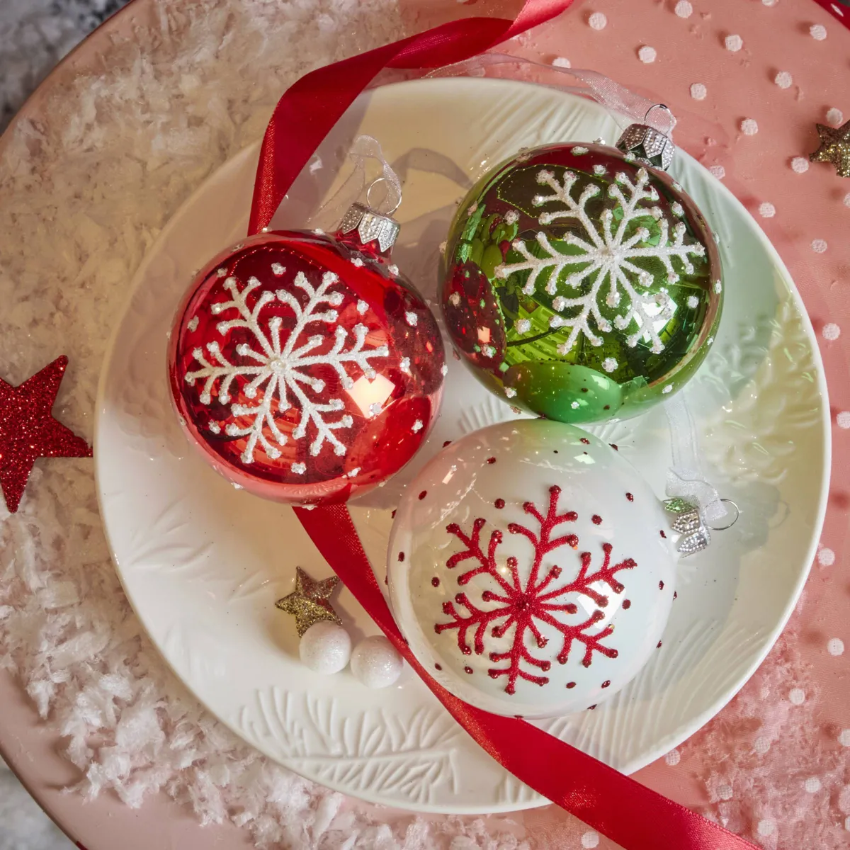 Set di 6 palline di natale in vetro (D80 mm) Manigod Verde, bianco e rosso
