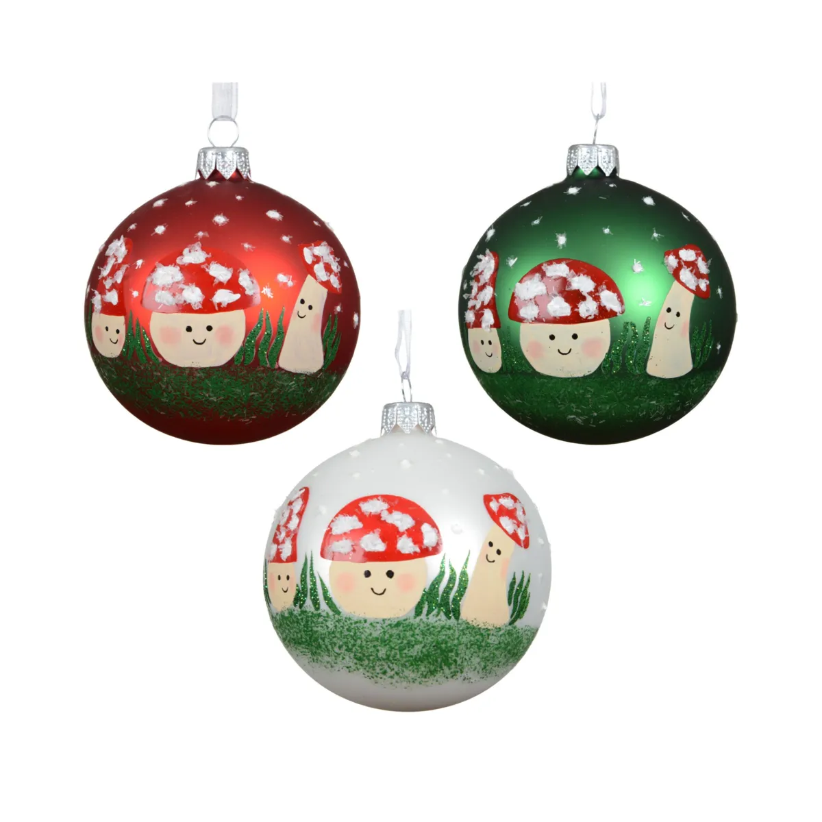 Set di 6 palline di natale in vetro (D80 mm) Fungo Verde agrifoglio, bianco e rosso