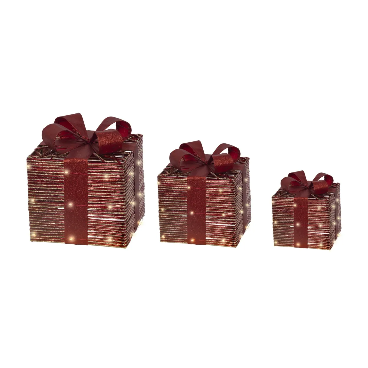 Set di 3 regali luminosi a pile 65 LED (H30 cm) Woodland Bordeaux e bianco caldo