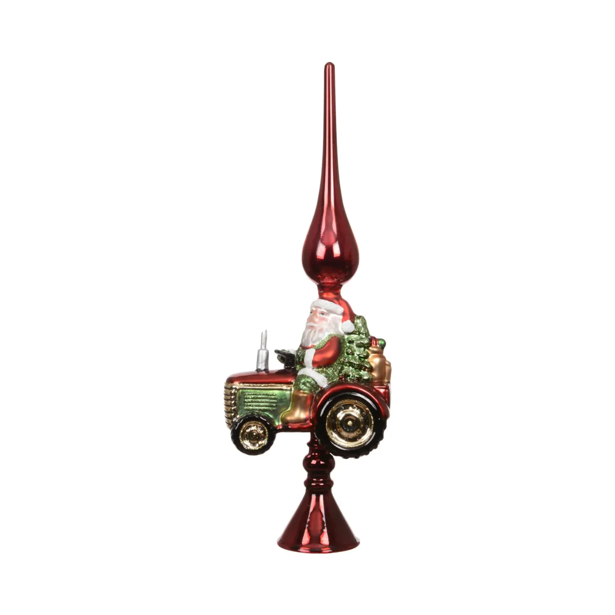 Oggetto principale per albero in vetro Babbo Natale su trattore Rosso