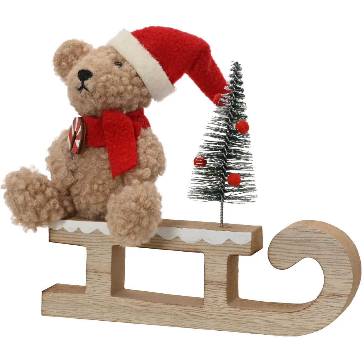 Slitta di Natale in legno (H15 cm) Orso di peluche Naturale