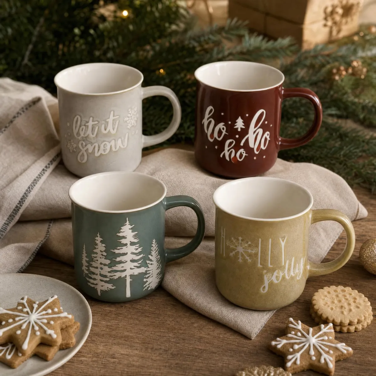 Set di 4 mug di Natale (200 ml) Delizie d'Inverno Beige e cioccolato