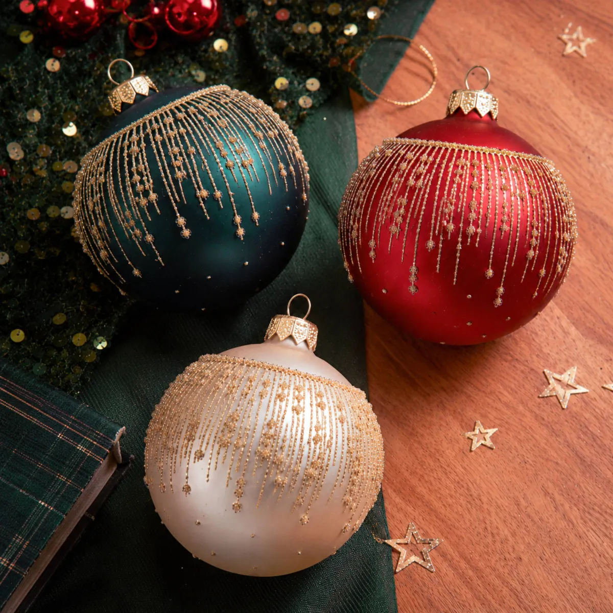 Set di 6 palline di natale in vetro (D80 mm) Marylebone Smeraldo, perla e rosso