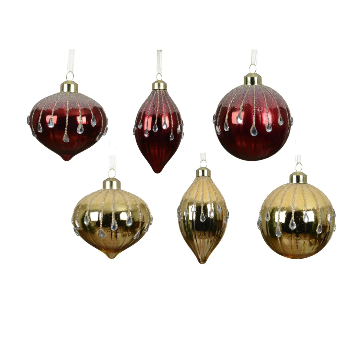 Set di 12 palline di natale in vetro (D80 mm) Quarzo Bordeaux e oro