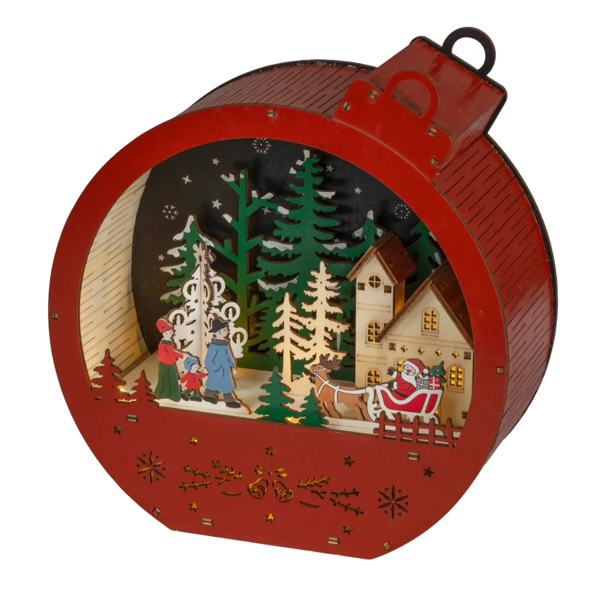 Villaggio di Natale in legno luminoso a pile (H22 cm) Palla di Natale Rossa