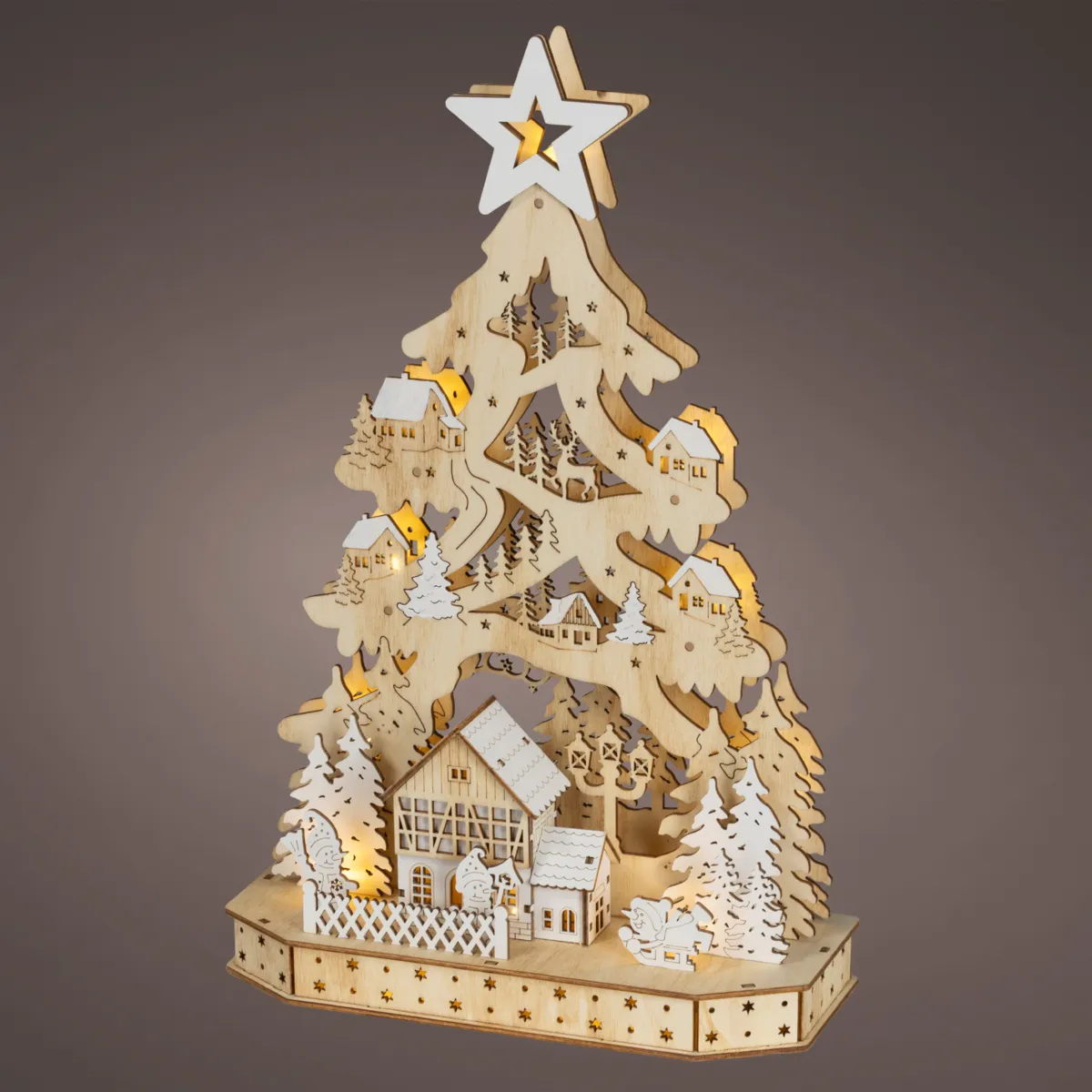 Villaggio di Natale in legno luminoso a pile (H40 cm) Montagna stellata Bianco caldo