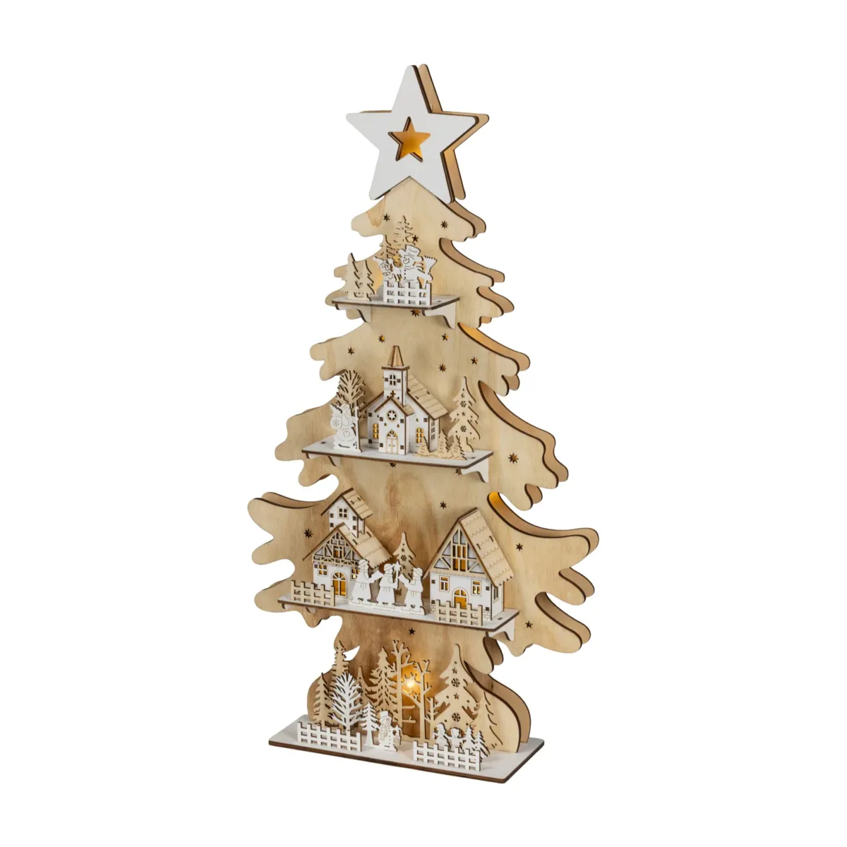 Villaggio di Natale in legno luminoso a pile (H58 cm) L'albero dei paesani