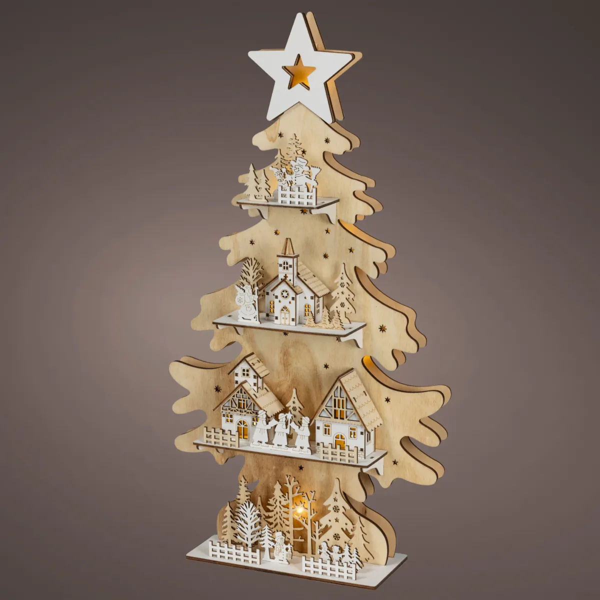 Villaggio di Natale in legno luminoso a pile (H58 cm) L'albero dei paesani