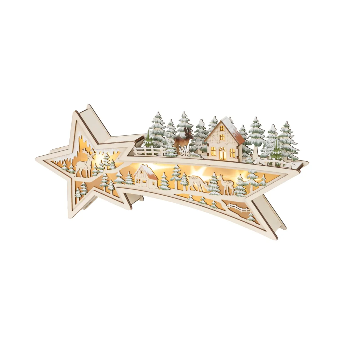 Villaggio di Natale in legno luminoso a pile (H18 cm) Stella cadente