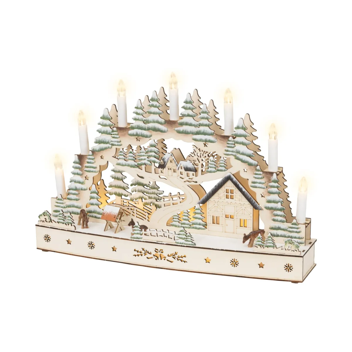 Villaggio di Natale in legno luminoso a pile (H31 cm) Candele festive Bianco caldo