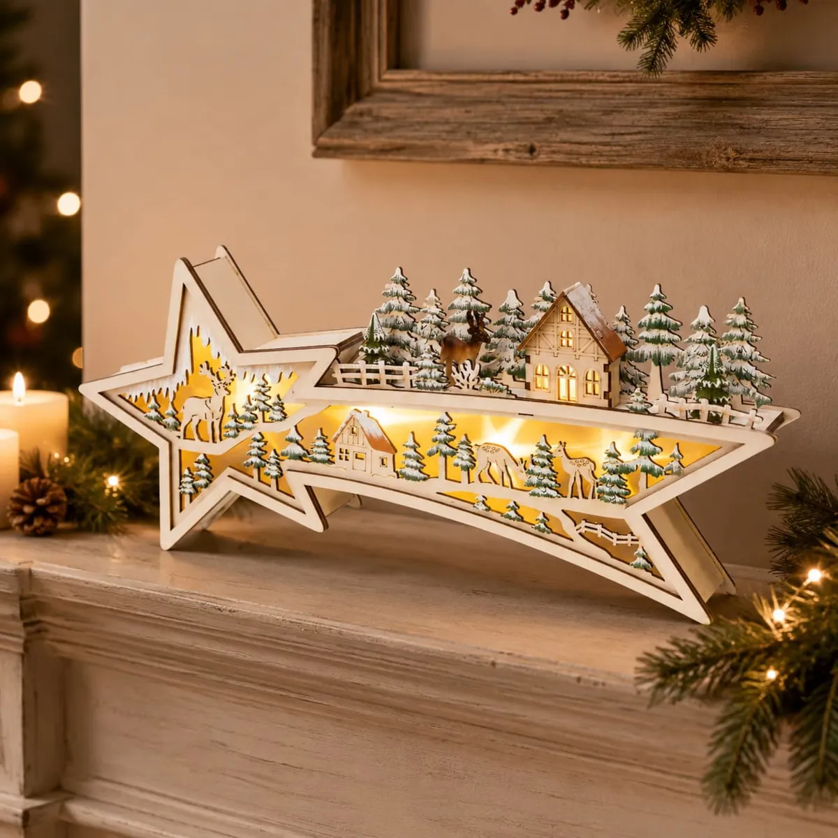 Villaggio di Natale in legno luminoso a pile (H18 cm) Stella cadente