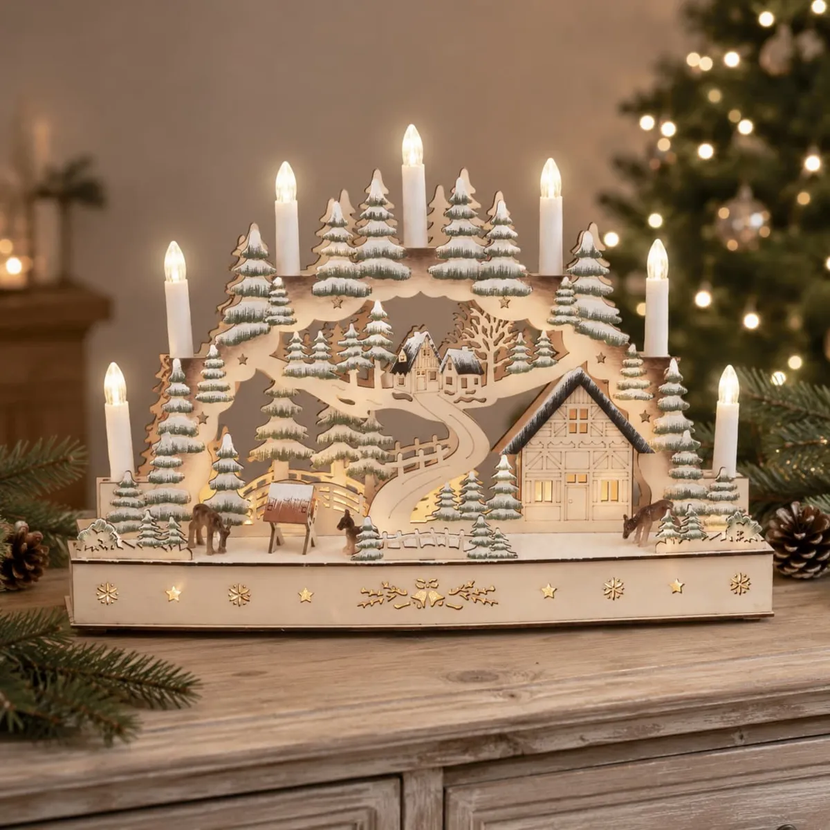Villaggio di Natale in legno luminoso a pile (H31 cm) Candele festive Bianco caldo
