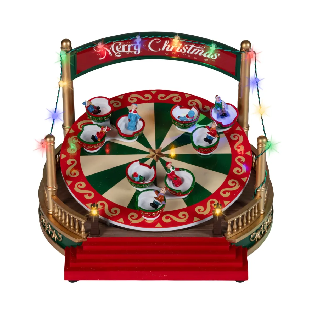 Villaggio di Natale luminoso musicale e animato (H19 cm) Giostra di tazze rotanti