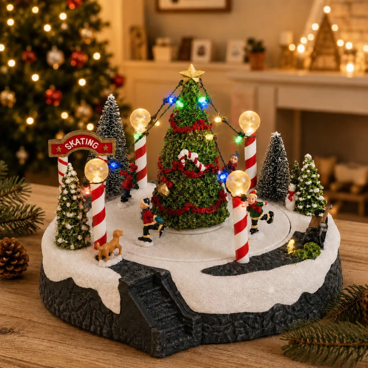 Villaggio di Natale luminoso musicale e animato (H18 cm) Pista di pattinaggio intorno all'albero
