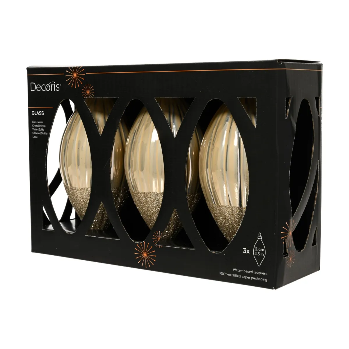 Set di 3 palline di natale in vetro (D60 mm) Goccia preziosa glitterata Perla