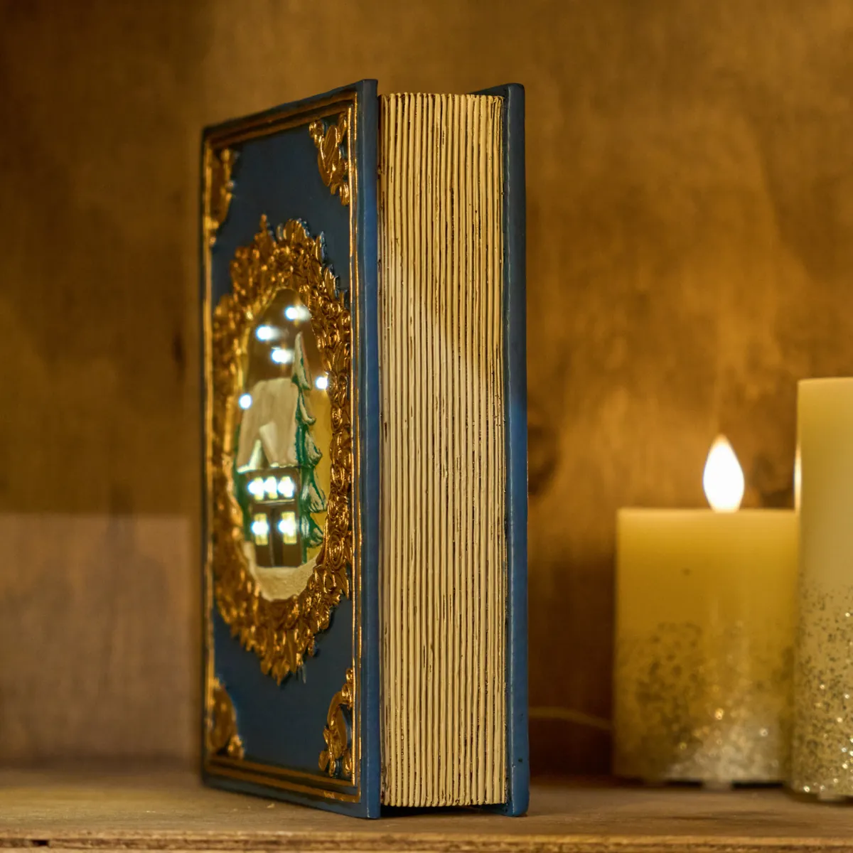 Libro decorativo luminoso a pile 9 LED (H22 cm) Grimorio Blu e bianco caldo