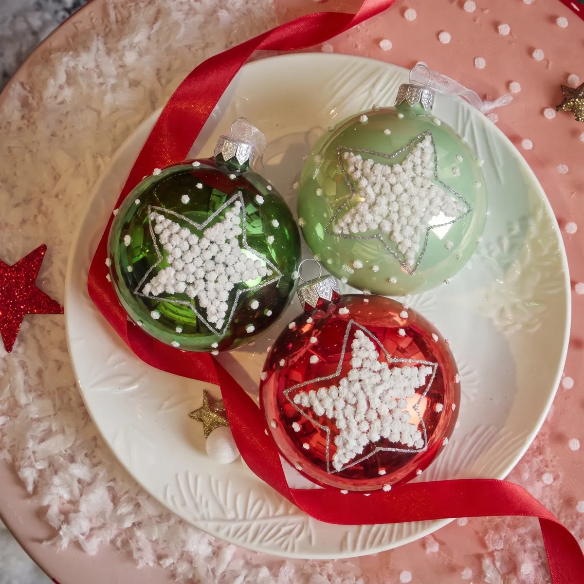 Set di 6 palline di natale in vetro (D80 mm) Stars Verde e rosso