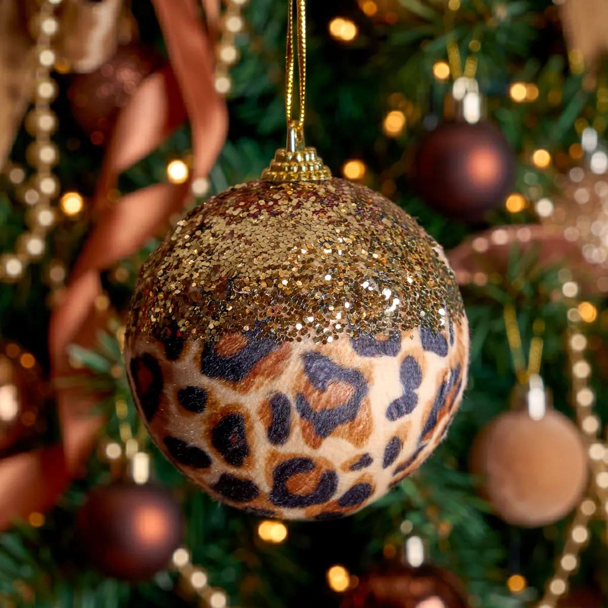 Set di 12 palline di natale (D80 mm) glitterato e leopardato Oro