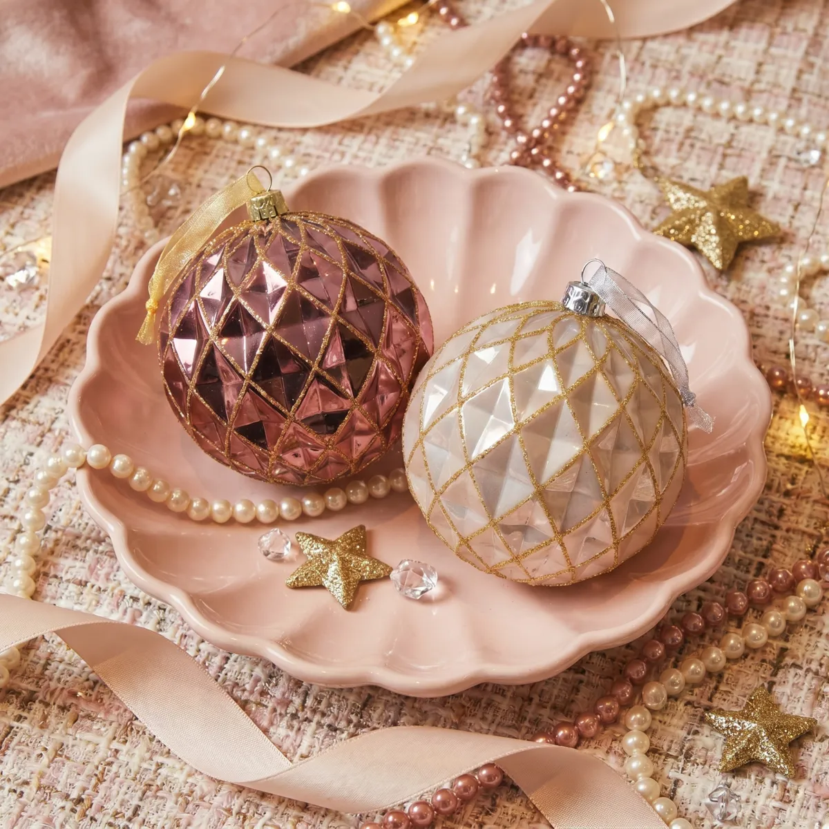 Lot de 12 boules de Noël (D80 mm) Palace Rose poudré et foncé