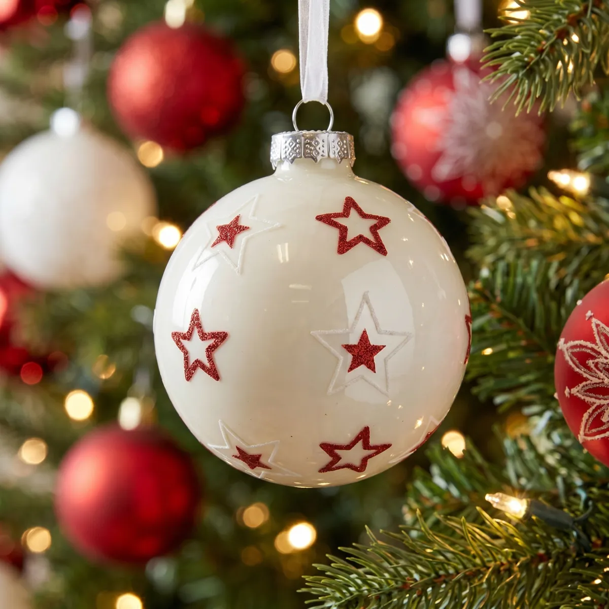 Set di 3 palline di natale in vetro (D80 mm) Super Stars Bianco