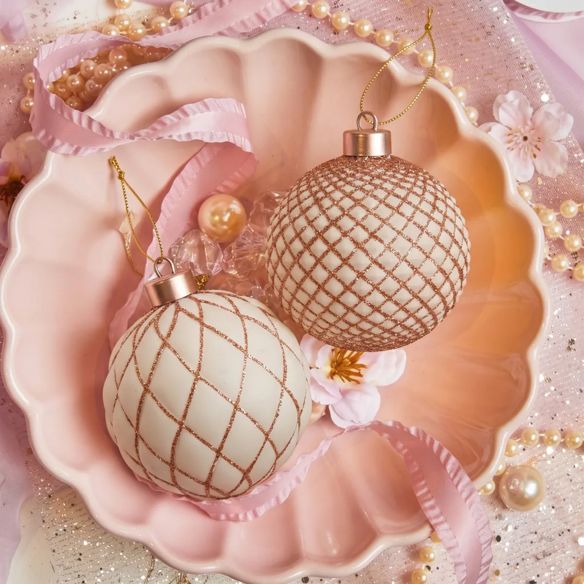 Set di 12 palline di natale (D80 mm) Righe glitterate Bianco lana