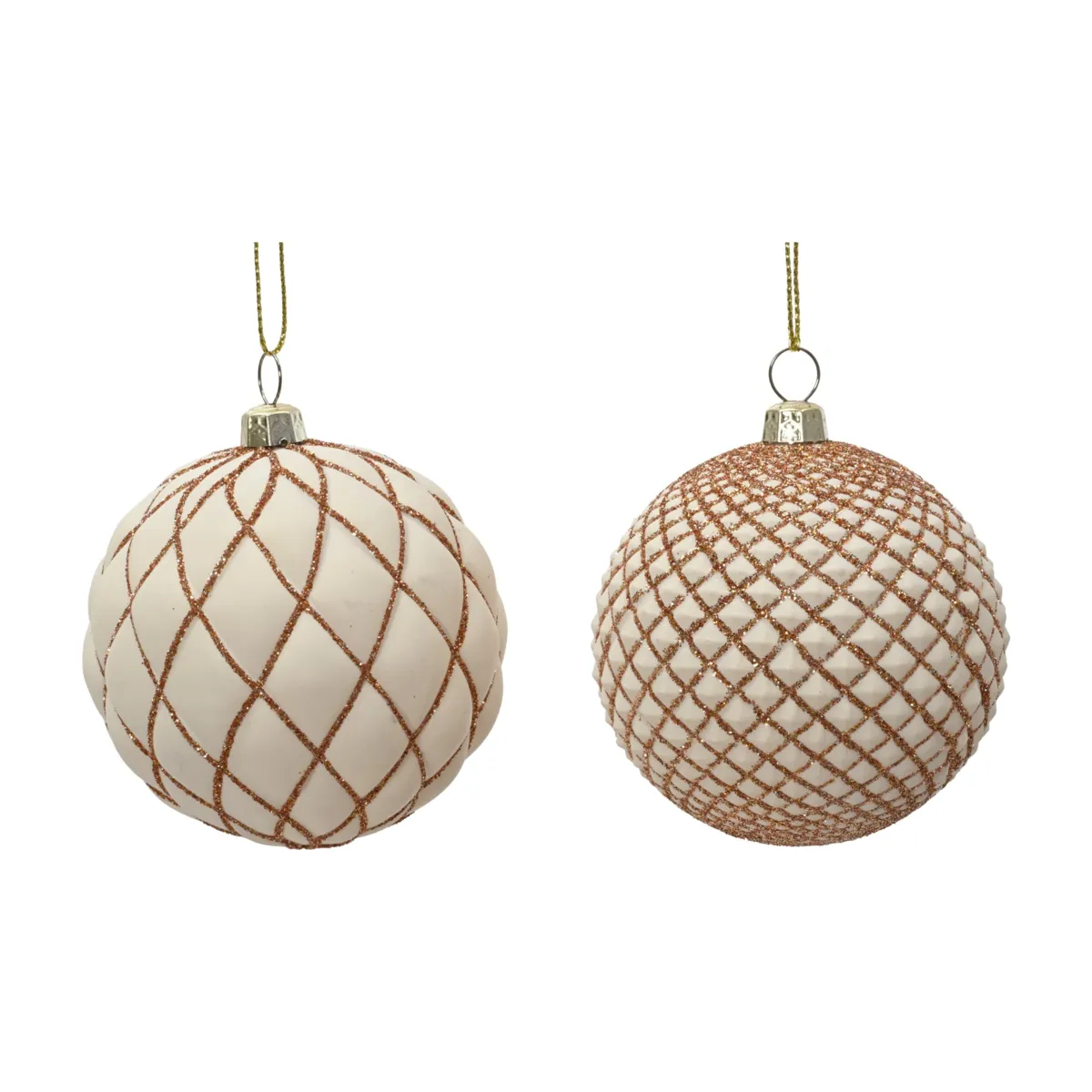 Set di 12 palline di natale (D80 mm) Righe glitterate Bianco lana