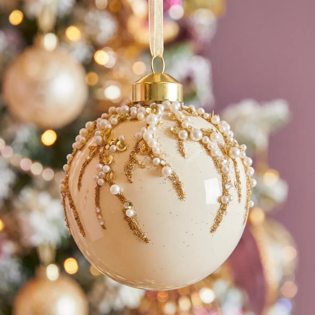 Set di 3 palline di natale in vetro (D80 mm) Cascata di perline Bianco lana