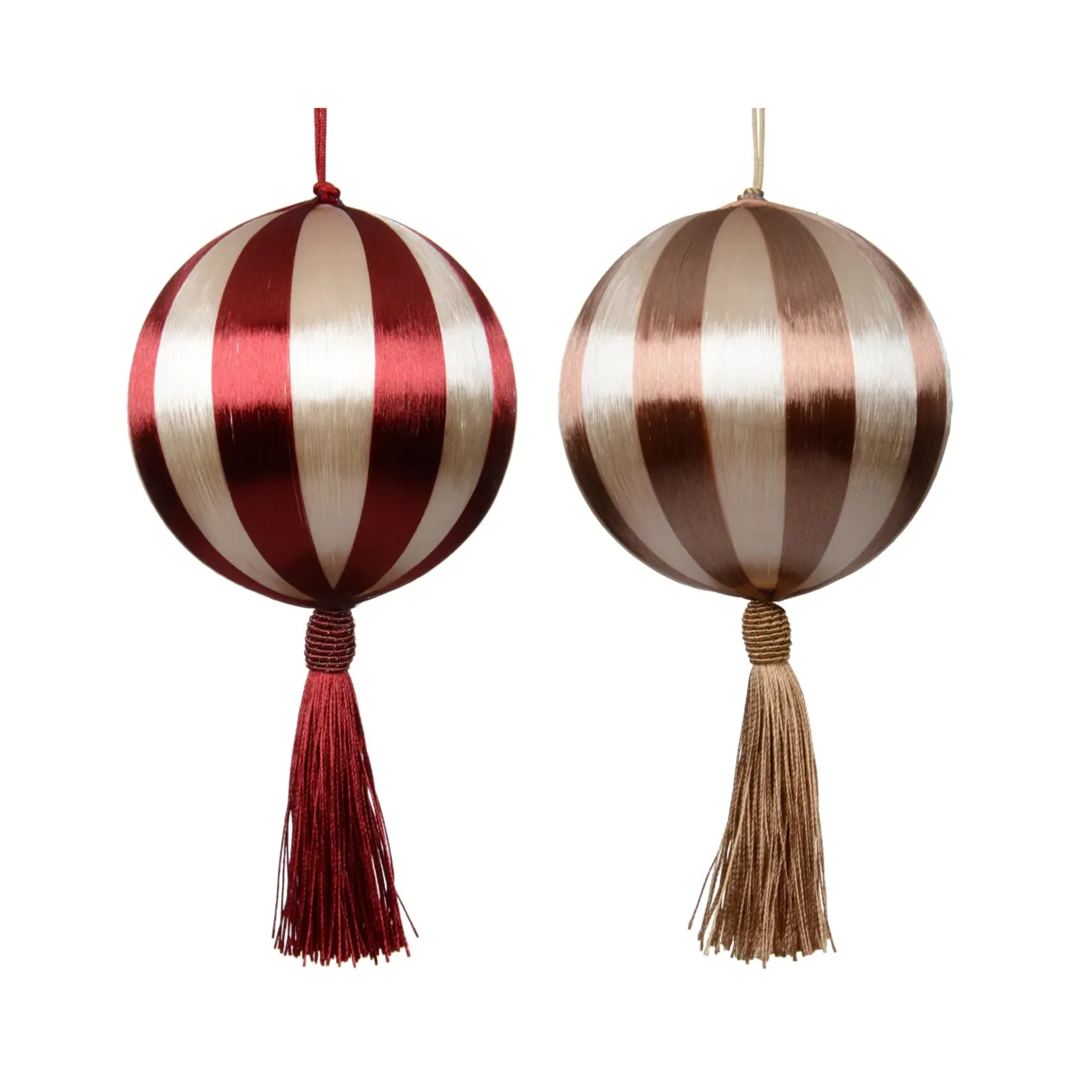 Set di 12 Palline di natale (D80 mm) Pampille e righe Bordeaux e cognac