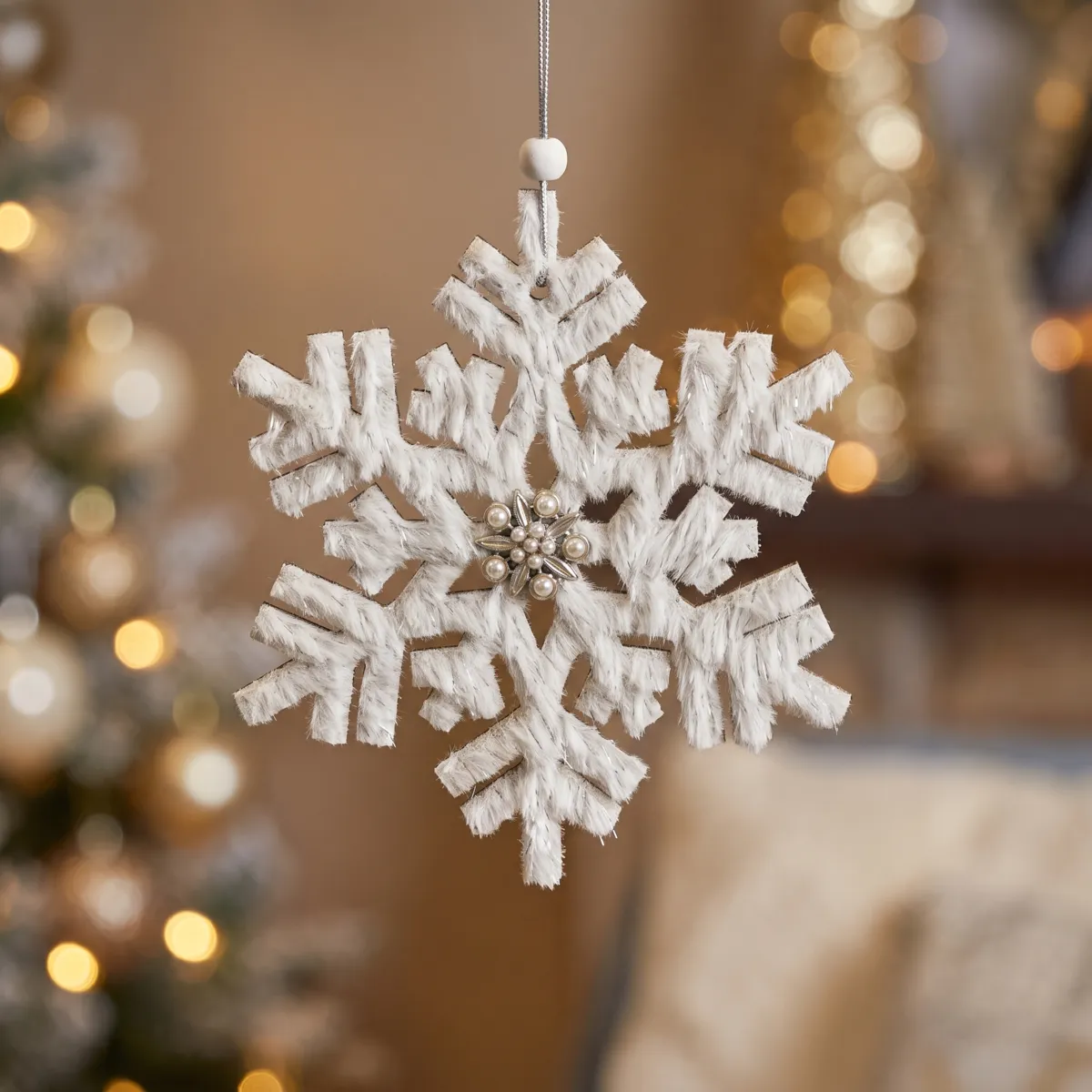 Sospensione addobbi natalizi (D15 cm) Fiocco glitterato Bianco grigiastro