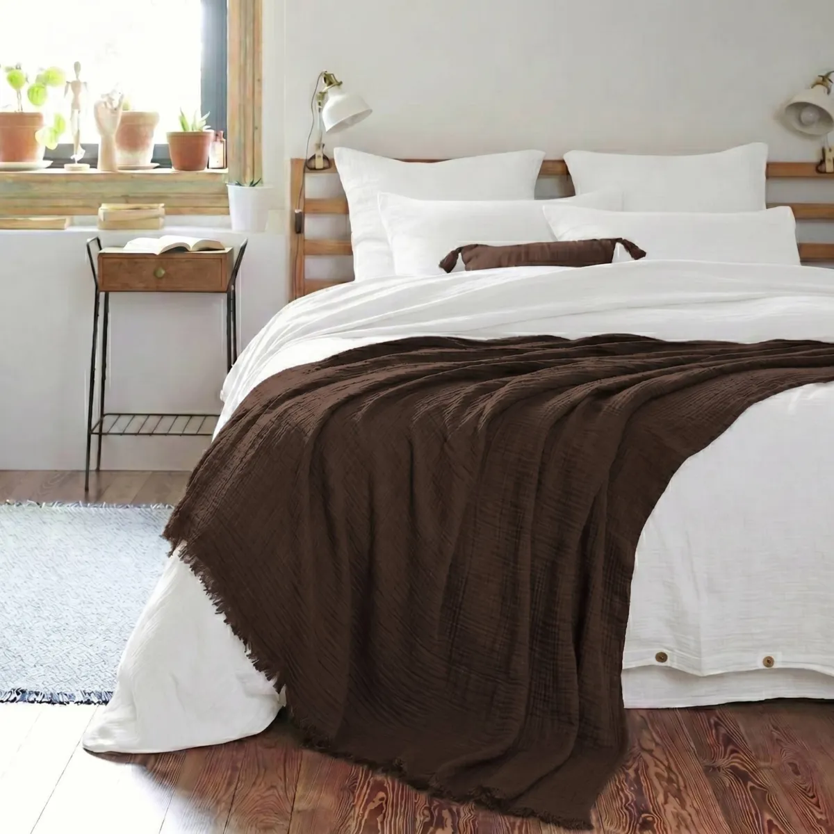 Plaid gaze de coton (180 x 220 cm) Gaïa Brun
