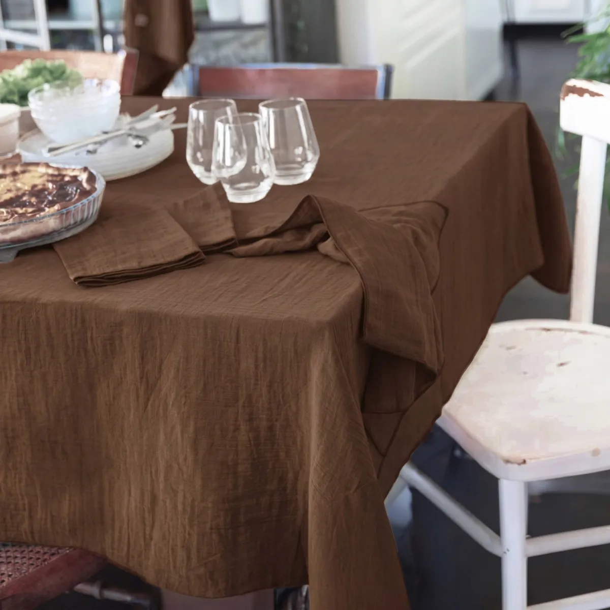 Nappe rectangulaire gaze de coton (150 x 300 cm) Gaïa Brun