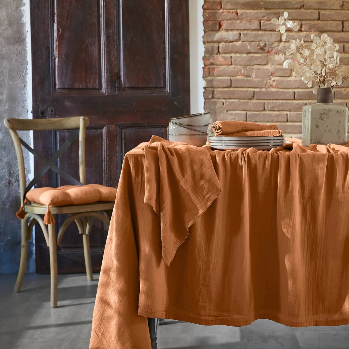 Nappe carrée gaze de coton (180 x 180 cm) Gaïa Abricot