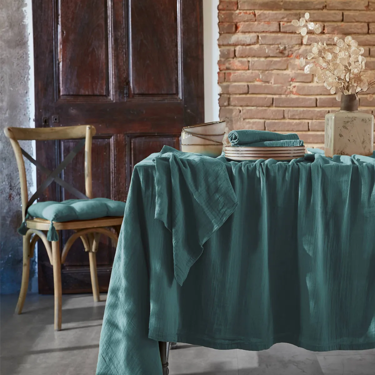 Nappe carrée gaze de coton (180 x 180 cm) Gaïa Bleu canard