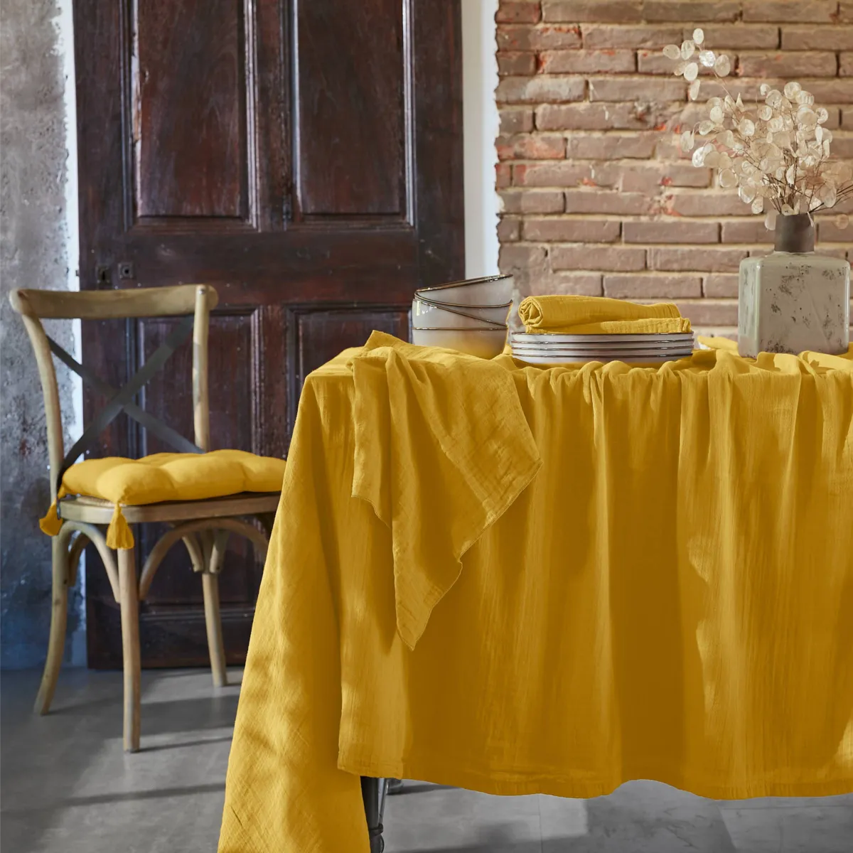 Nappe carrée gaze de coton (180 x 180 cm) Gaïa Jaune safran