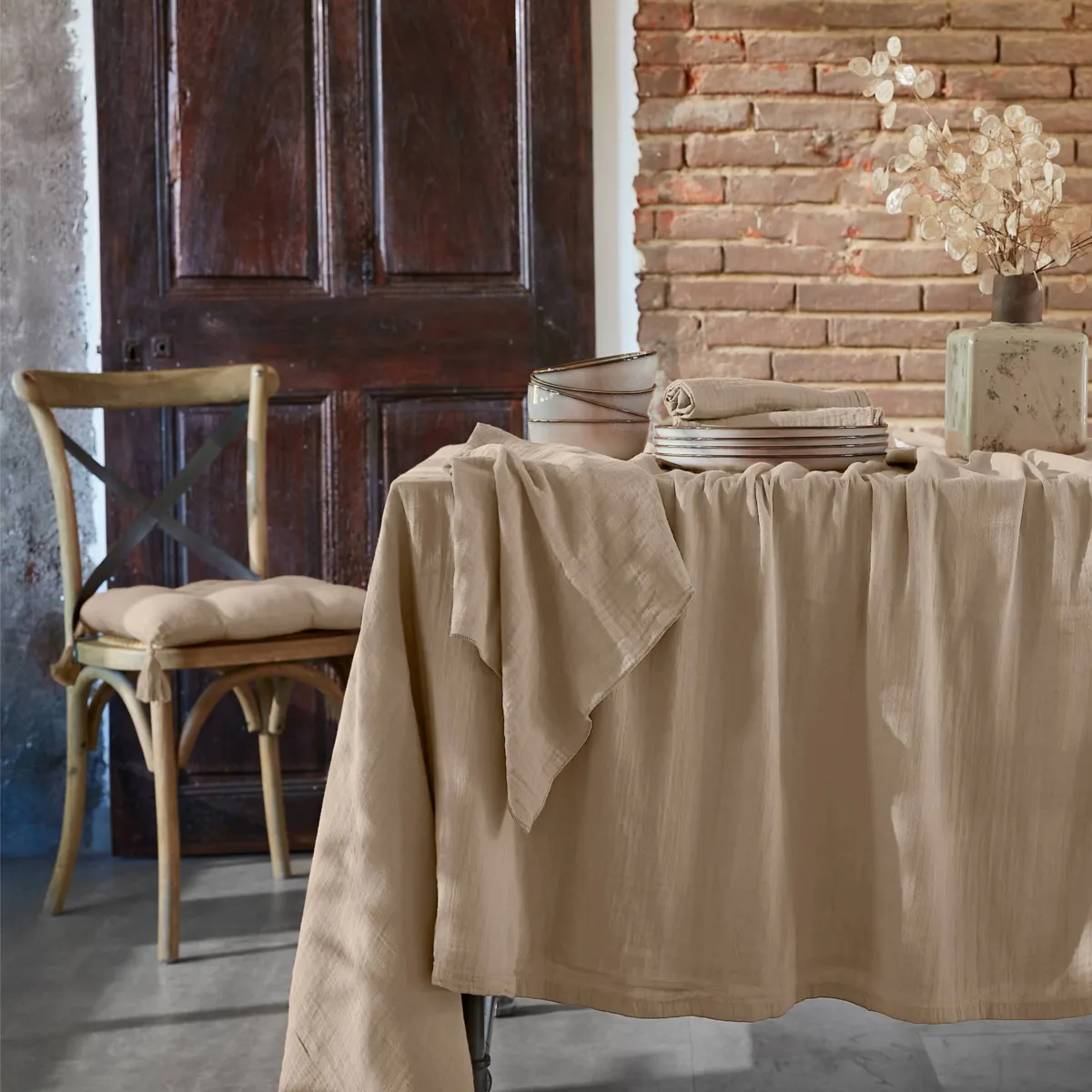 Nappe carrée gaze de coton (180 x 180 cm) Gaïa Ficelle