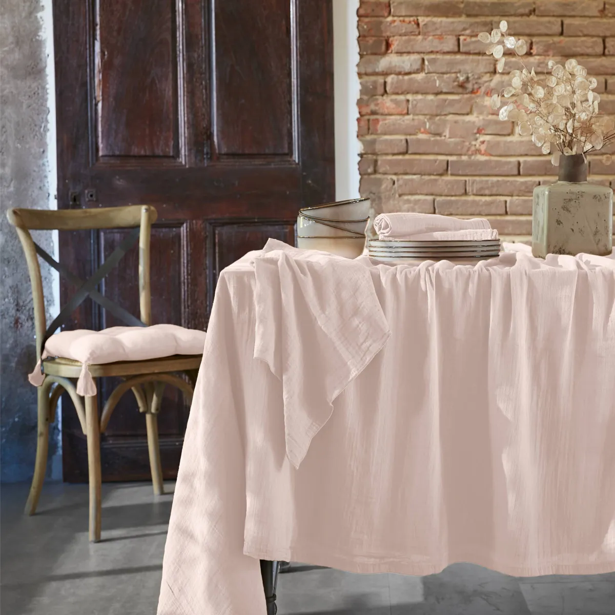 Tovaglia quadrata garza di cotone (180 x 180 cm) Gaïa Rosa cipria