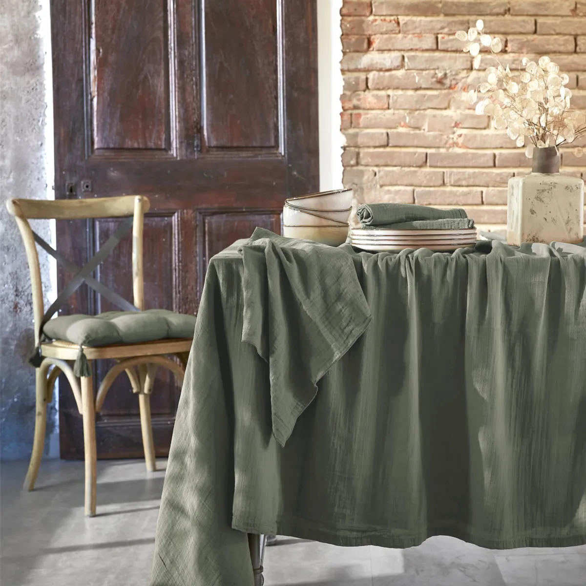 Tovaglia rettangolare garza di cotone (150 x 300 cm) Gaïa Verde rosmarino