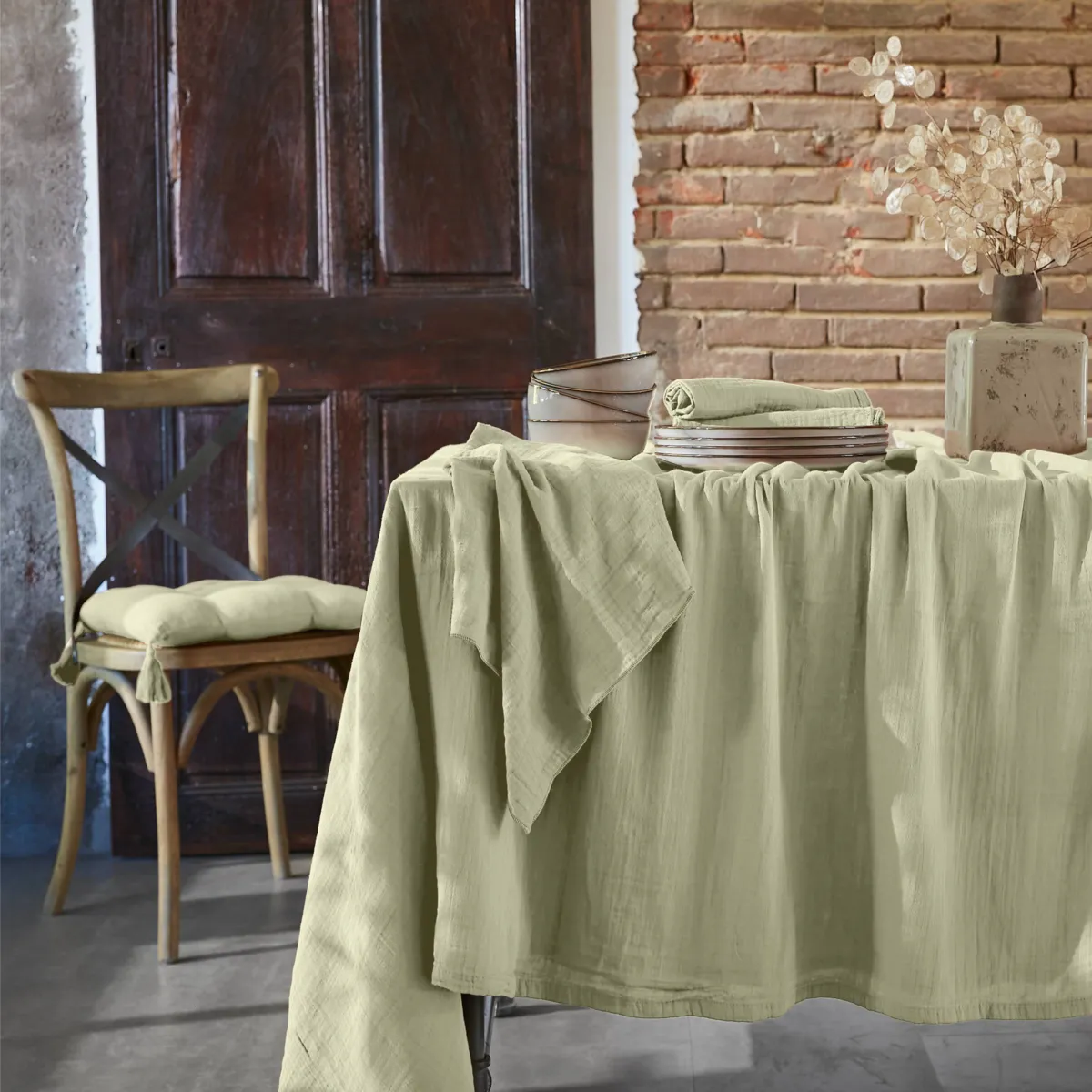 EM - Nappe rectangle 150 x 300 cm Gaze de coton unie GAìA Vert d'eau