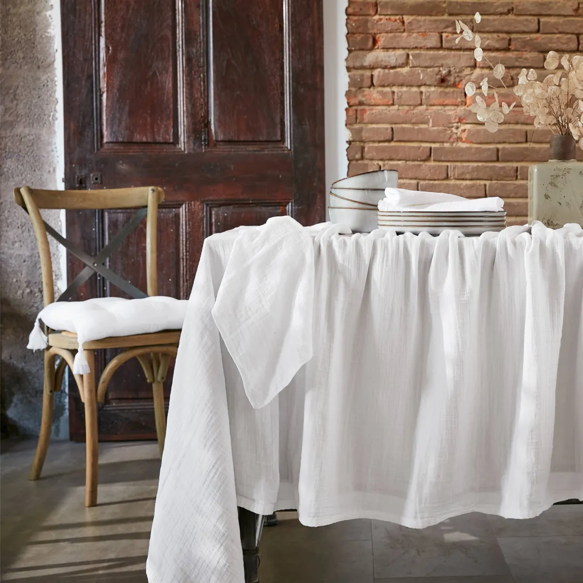 Tovaglia rettangolare garza di cotone (150 x 300 cm) Gaïa Bianco chantilly