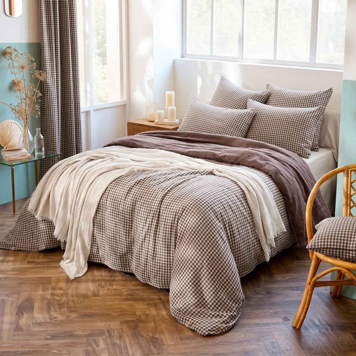 EM - Housse de couette réversible 240 x 220 cm Gaze de coton tissée teinte GAIA VICHY Brun