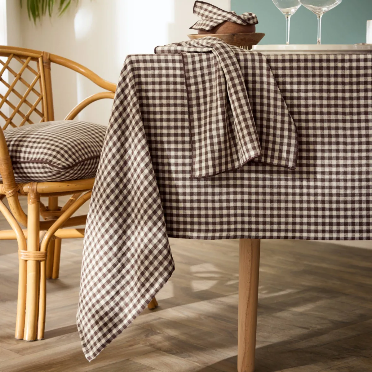 EM - Nappe rectangle 150 x 350 cm Gaze de coton tissée teinte GAIA VICHY Brun